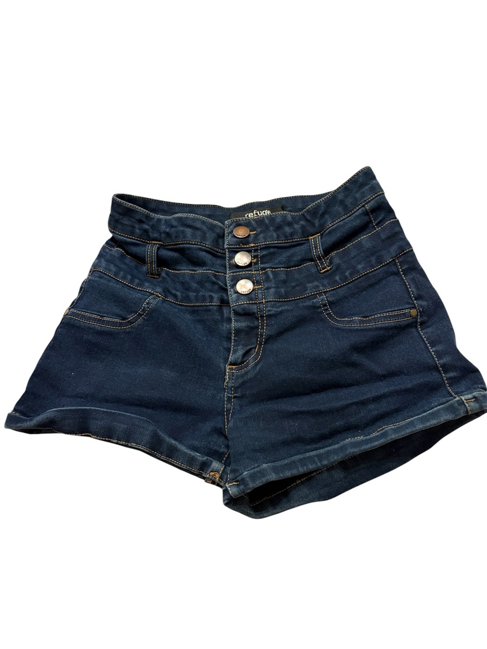 refuge High Waist Dark Blue Denim Shorts with Triple Buttons